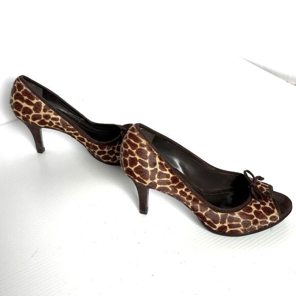 Alex Marie Cheetah Peep Toe Heels Pumps Brown Animal Calf Hair Bow Women’s 7.5 - Picture 4 of 8